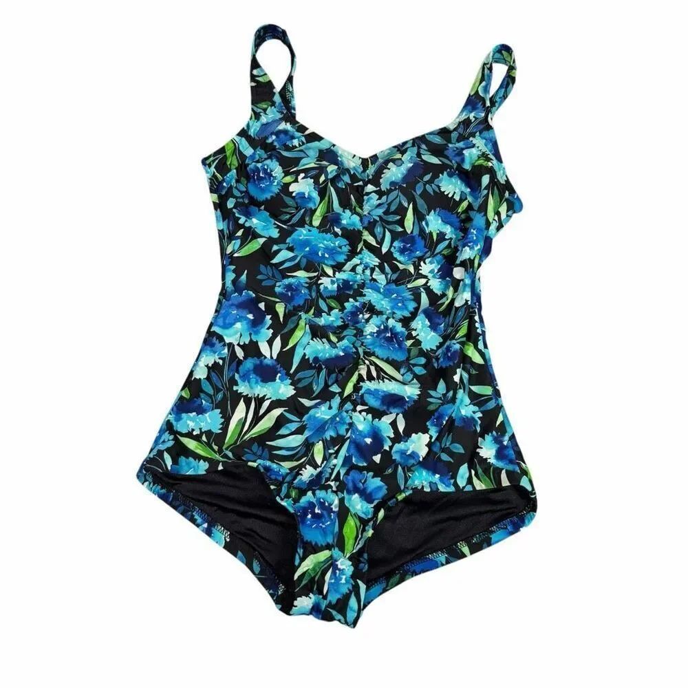 Maxine of Hollywood Size 14 Floral Shirred Front One Piece Swimsuit